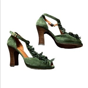 Chie Mihara Green Suede T Strap Heels, size 37